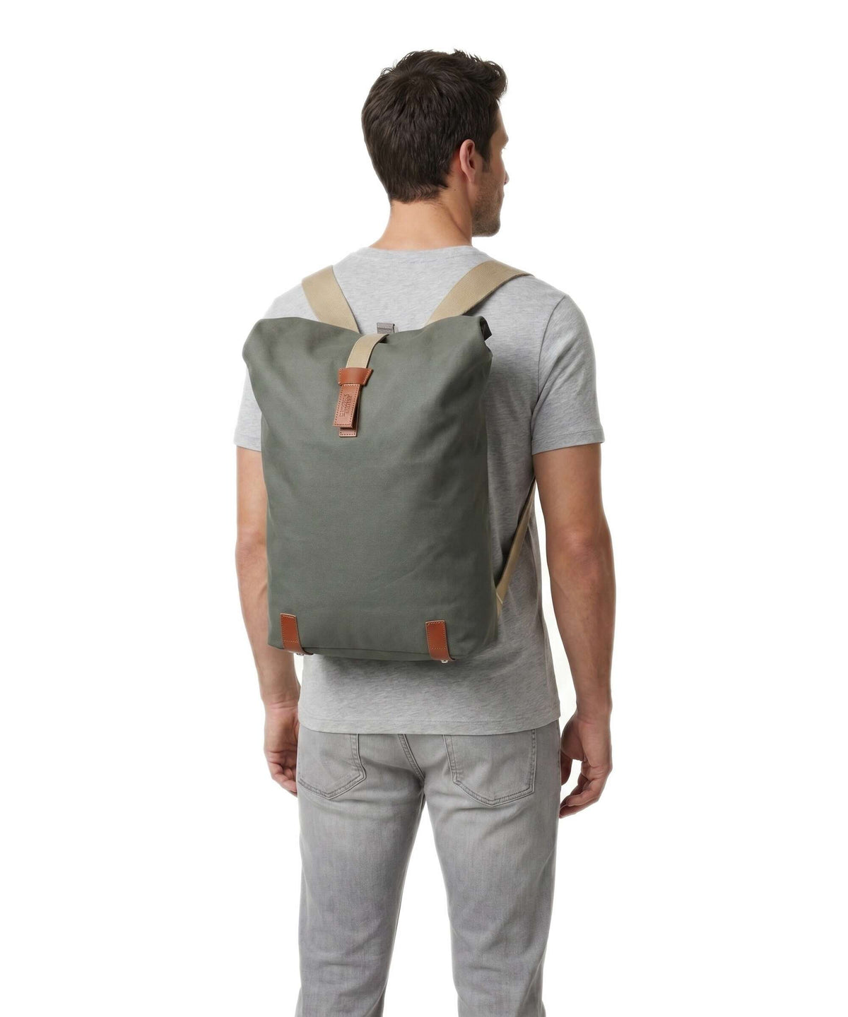 Brooks England Pickwick Cotton Canvas Large Rolltop backpack sage green/honey details