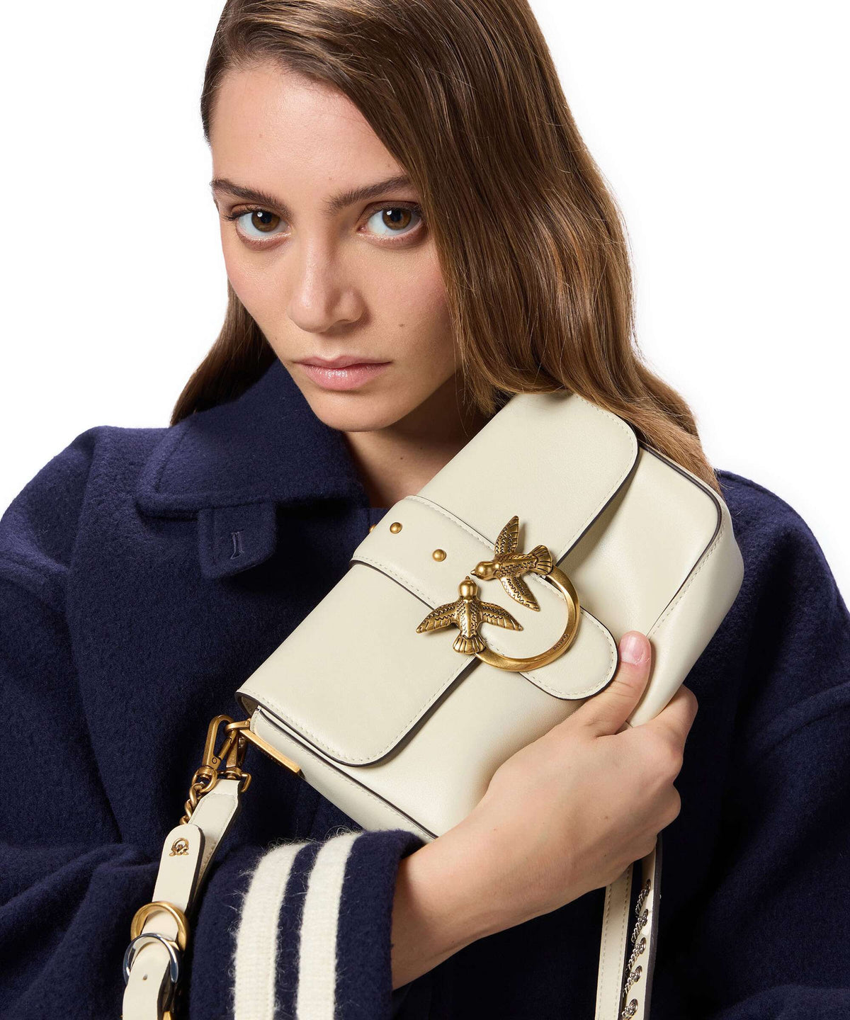 Pinko Love One Mini Slouchy Charms Crossbody bag bianco seta/antique gold